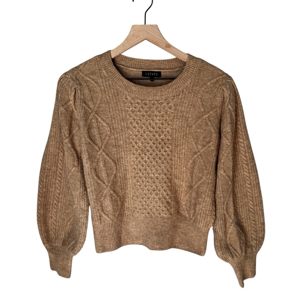 1. State Variegated Cable Crew-Neck Puff Sleeve Fisherman Brown Sweater Sz XS - Picture 2 of 9